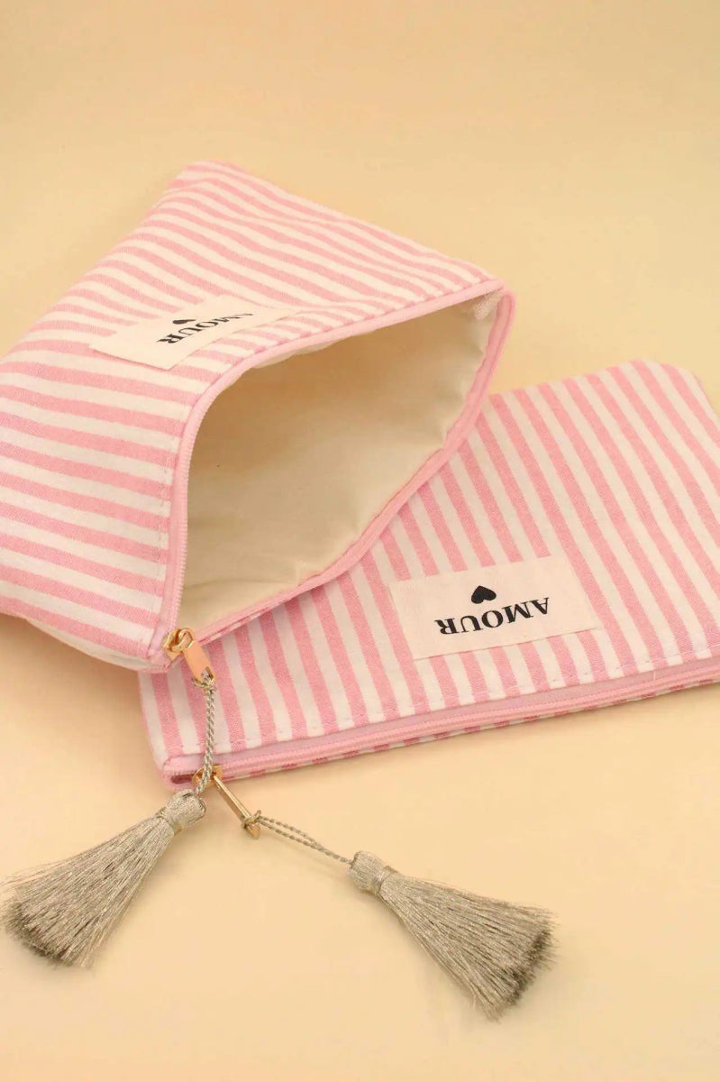 Pochette rayée rose avec pompons et message AMOUR - RIVE GAUCHE