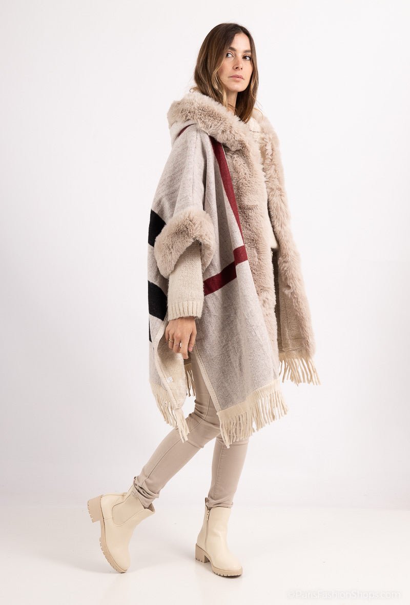 Poncho à capuche fourrure avec franges - RIVE GAUCHE