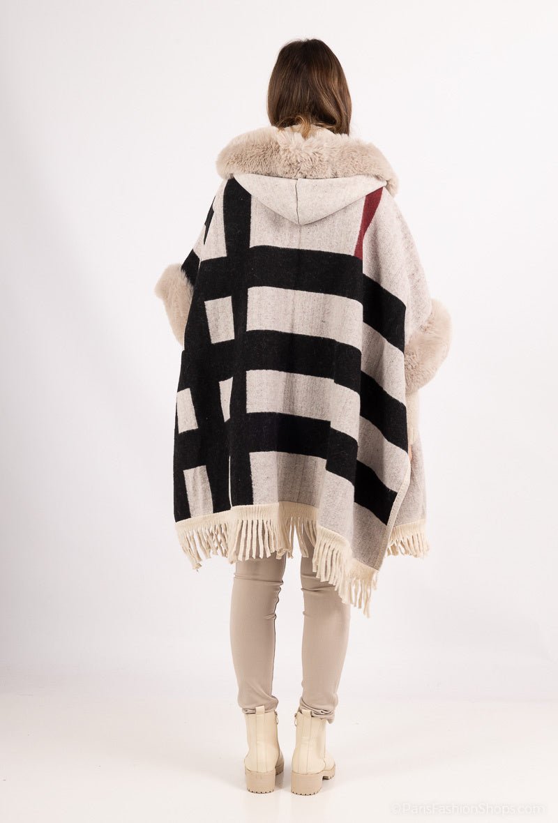 Poncho à capuche fourrure avec franges - RIVE GAUCHE