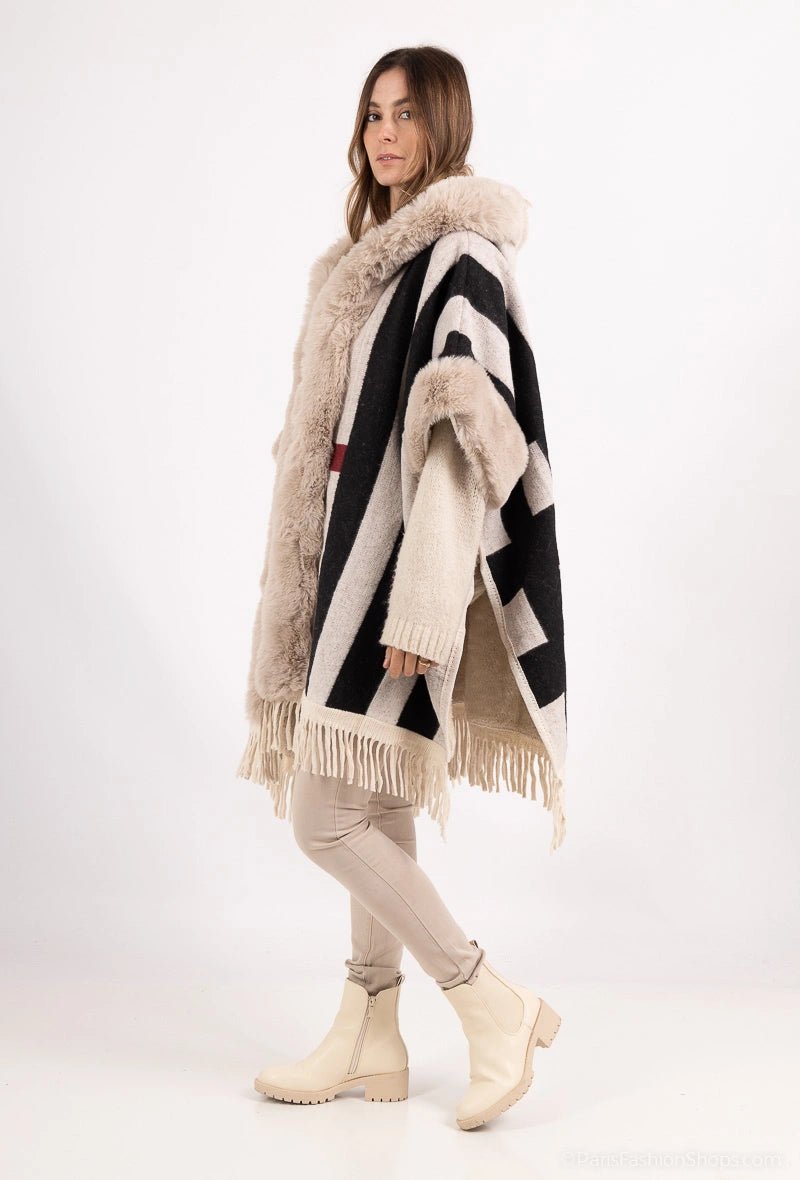 Poncho à capuche fourrure avec franges - RIVE GAUCHE