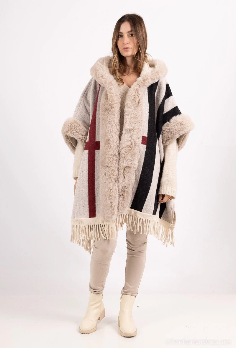 Poncho à capuche fourrure avec franges - RIVE GAUCHE