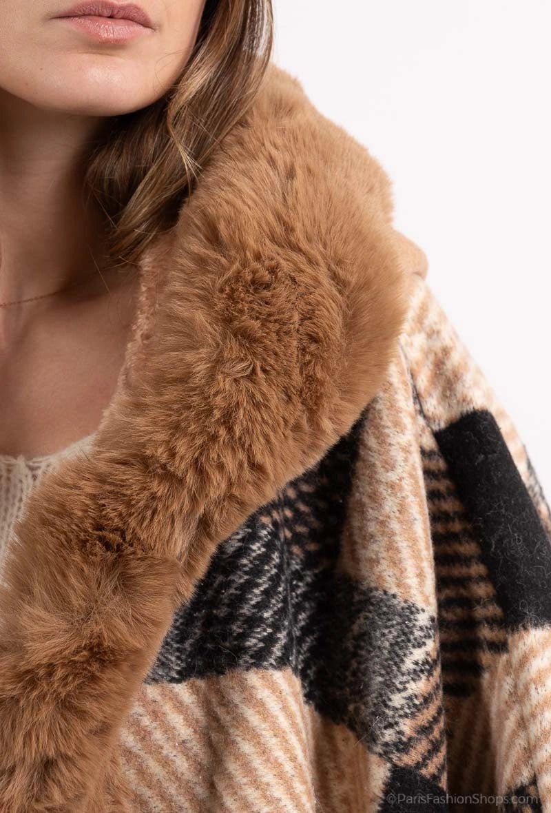 Poncho à carreaux avec capuche col fourrure marron et franges - RIVE GAUCHE
