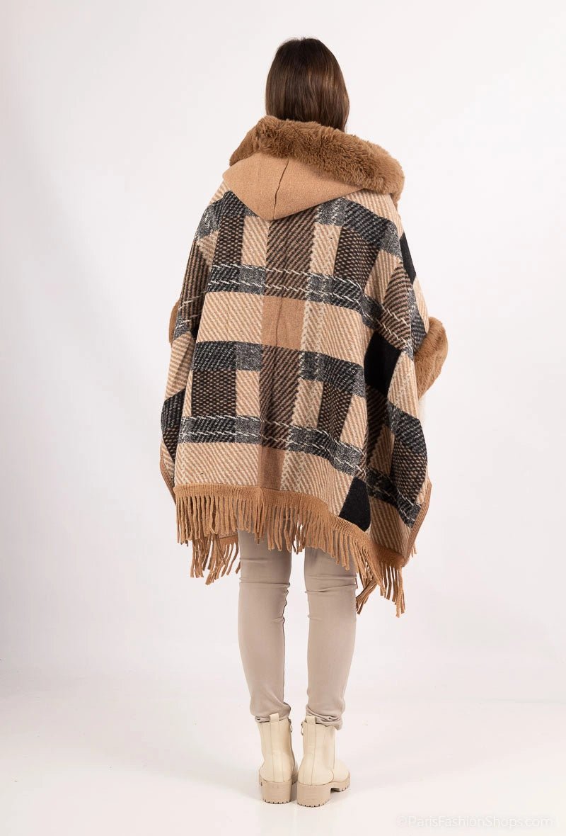 Poncho à carreaux avec capuche col fourrure marron et franges - RIVE GAUCHE