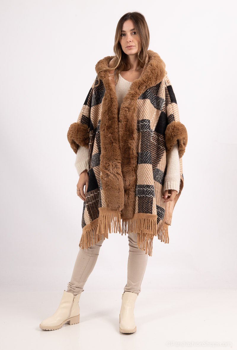 Poncho à carreaux avec capuche col fourrure marron et franges - RIVE GAUCHE