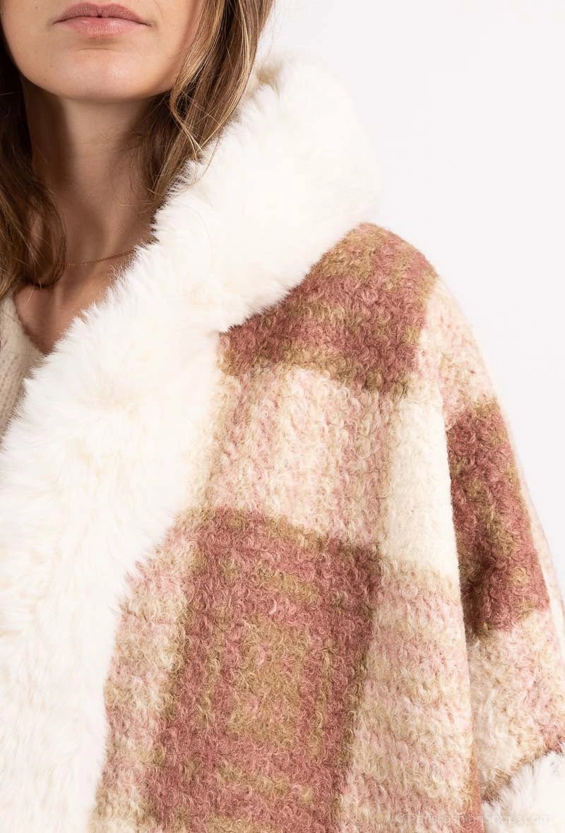 Poncho à carreaux avec capuche et col fourrure - RIVE GAUCHE