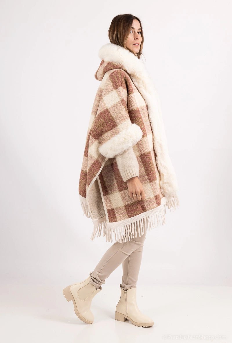 Poncho à carreaux avec capuche et col fourrure - RIVE GAUCHE