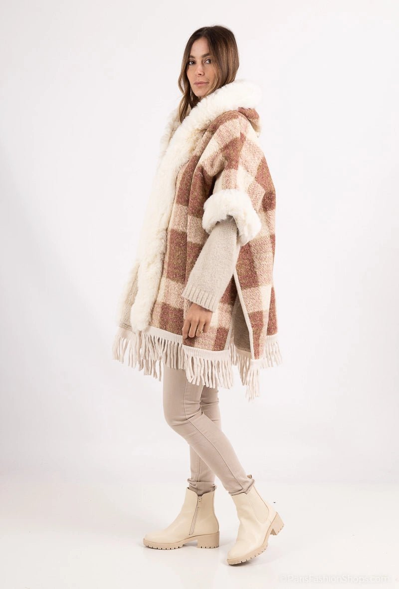 Poncho à carreaux avec capuche et col fourrure - RIVE GAUCHE