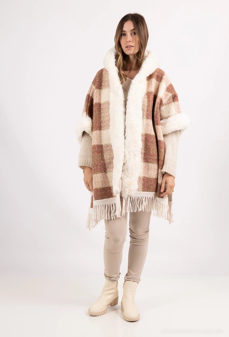 Poncho à carreaux avec capuche et col fourrure - RIVE GAUCHE