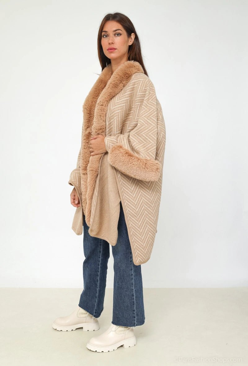 Poncho beige cape avec fausse fourrure imprimé - RIVE GAUCHE