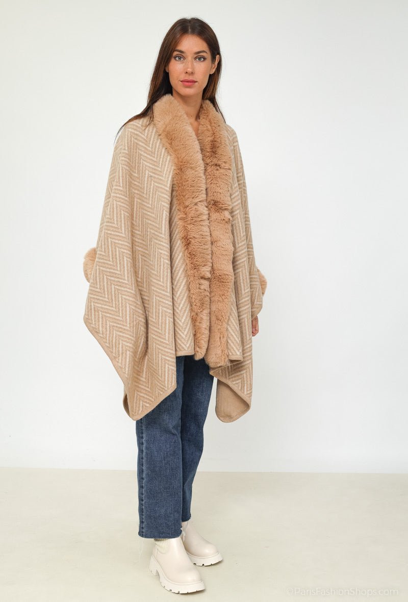 Poncho beige cape avec fausse fourrure imprimé - RIVE GAUCHE