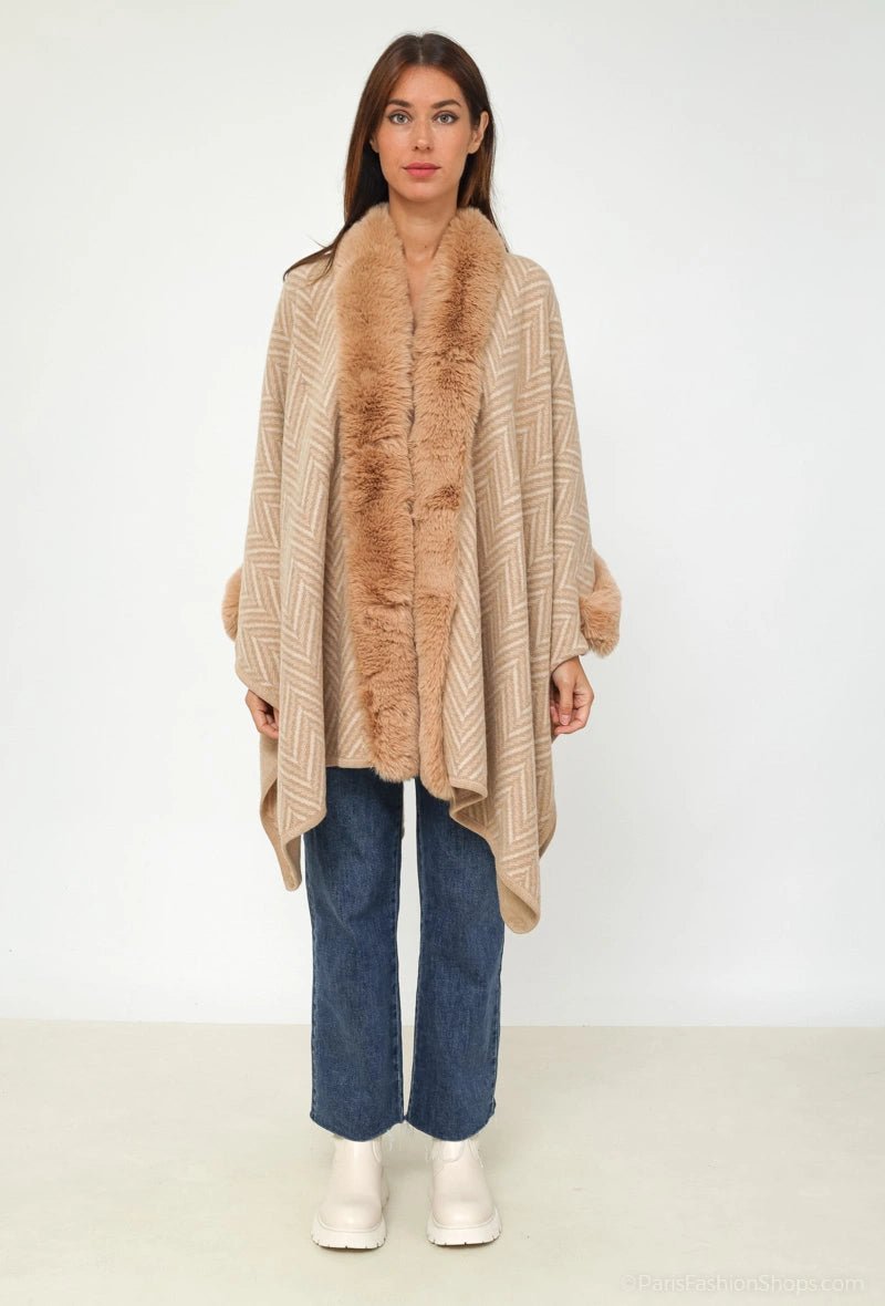 Poncho beige cape avec fausse fourrure imprimé - RIVE GAUCHE