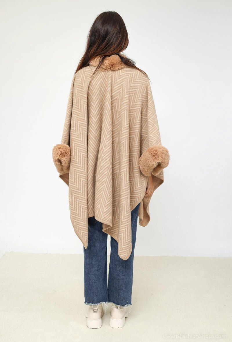 Poncho beige cape avec fausse fourrure imprimé - RIVE GAUCHE