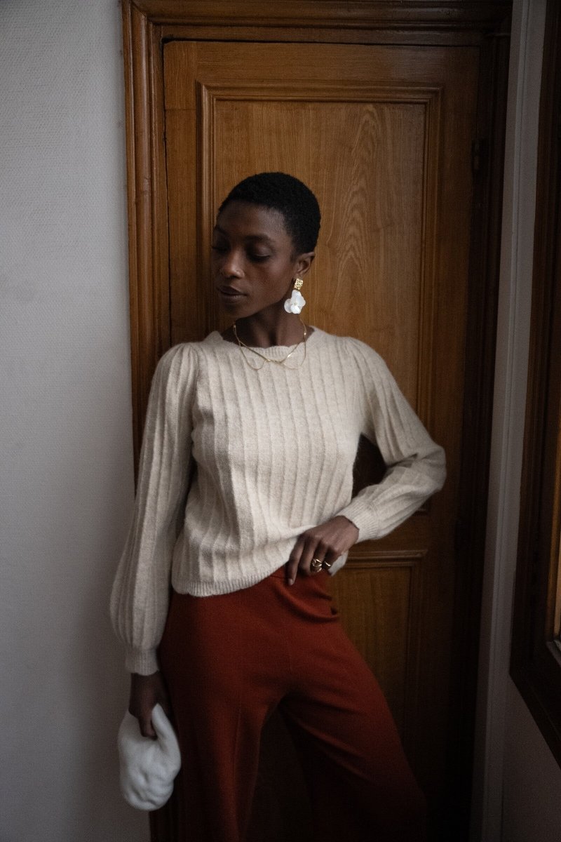 Pull beige en alpaga et laine col bateau - RIVE GAUCHE