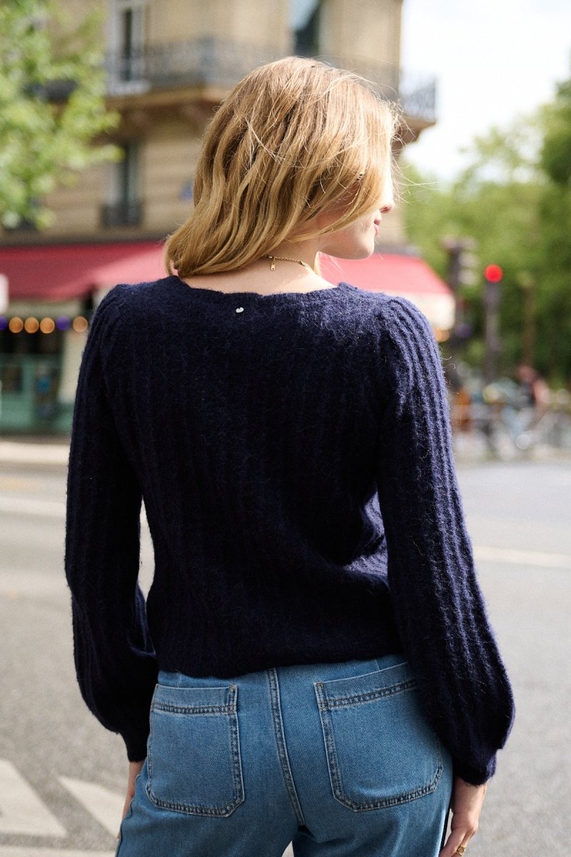 Pull bleu marine en alpaga et laine col bateau - RIVE GAUCHE