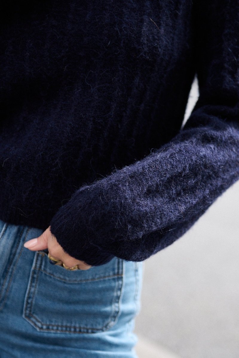 Pull bleu marine en alpaga et laine col bateau - RIVE GAUCHE
