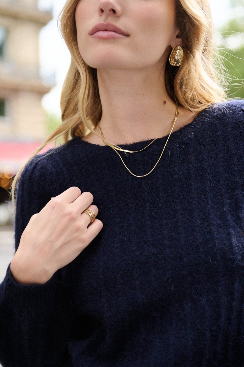 Pull bleu marine en alpaga et laine col bateau - RIVE GAUCHE