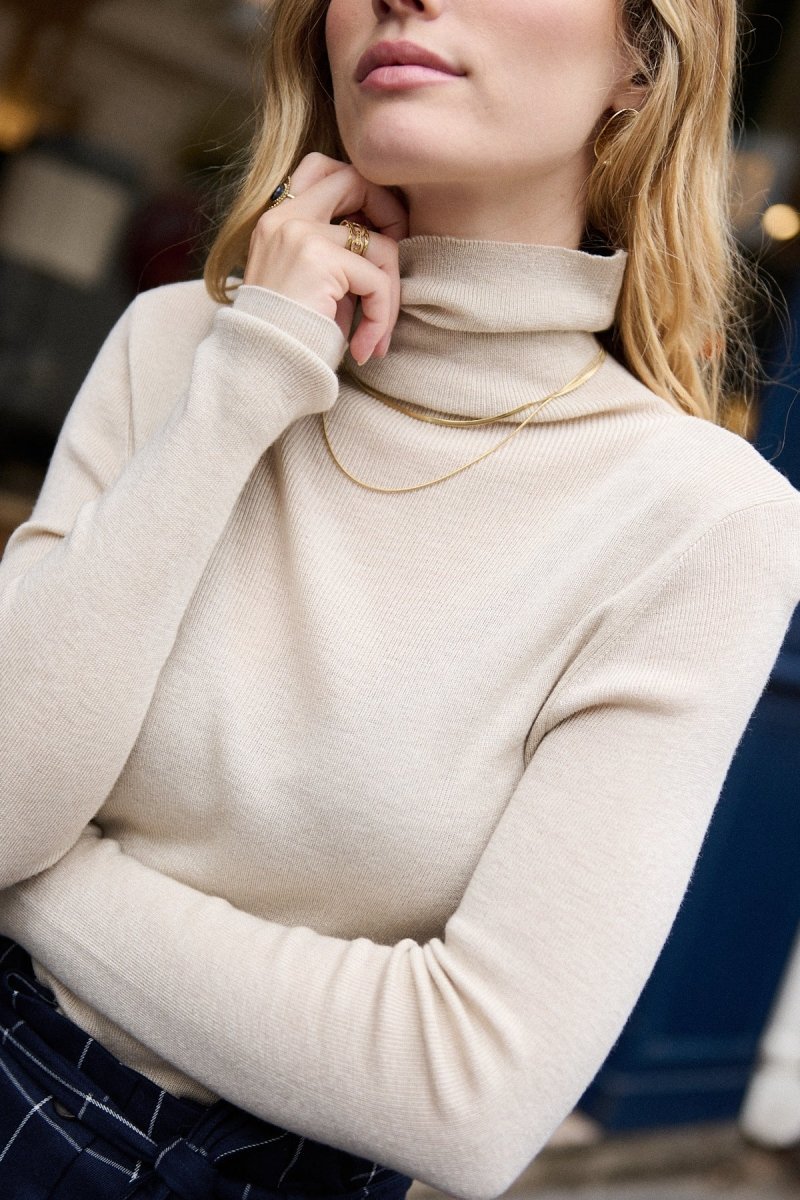 Pull col roulé en cachemire et en laine beige - RIVE GAUCHE