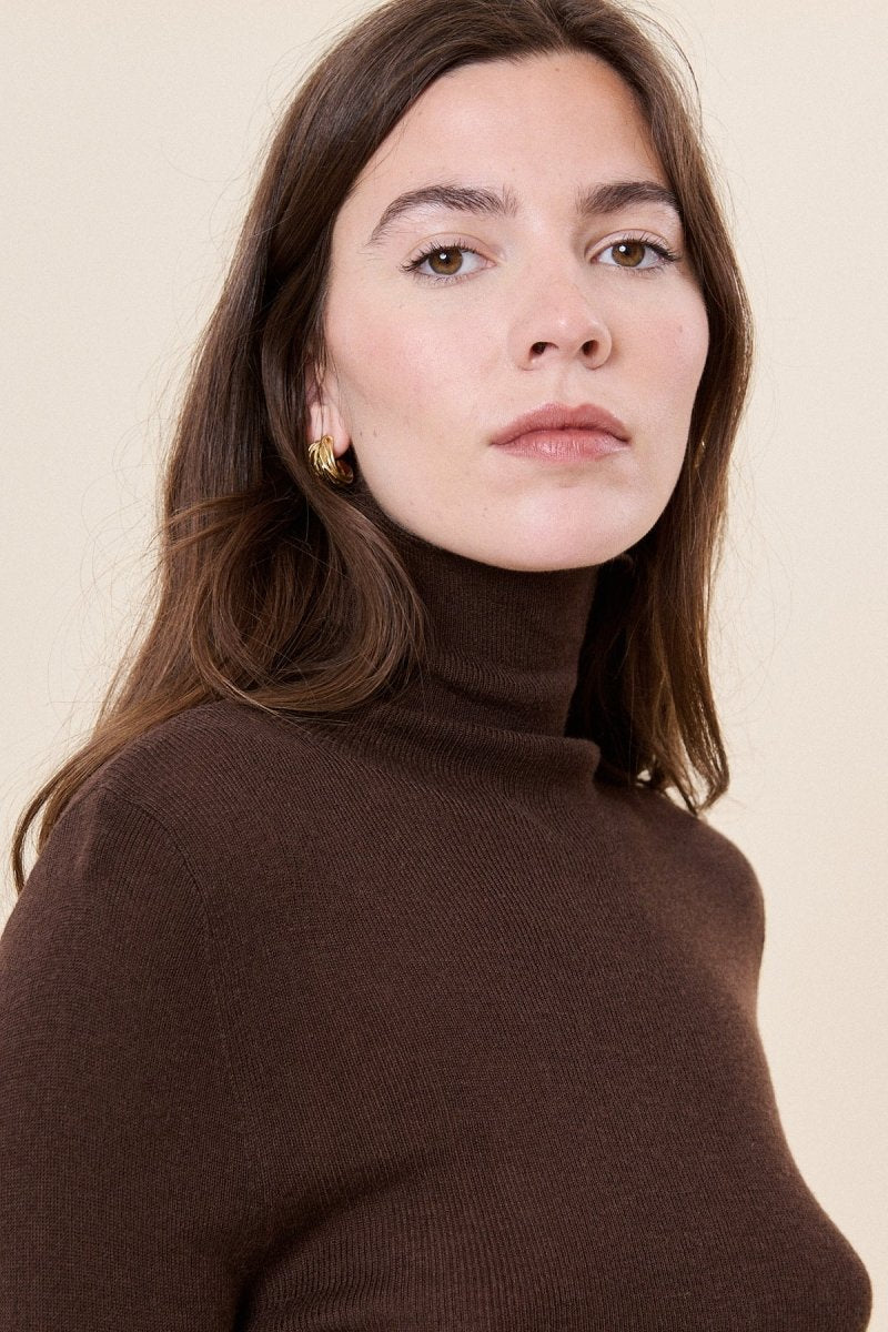 Pull col roulé en cachemire et en laine chocolat - RIVE GAUCHE