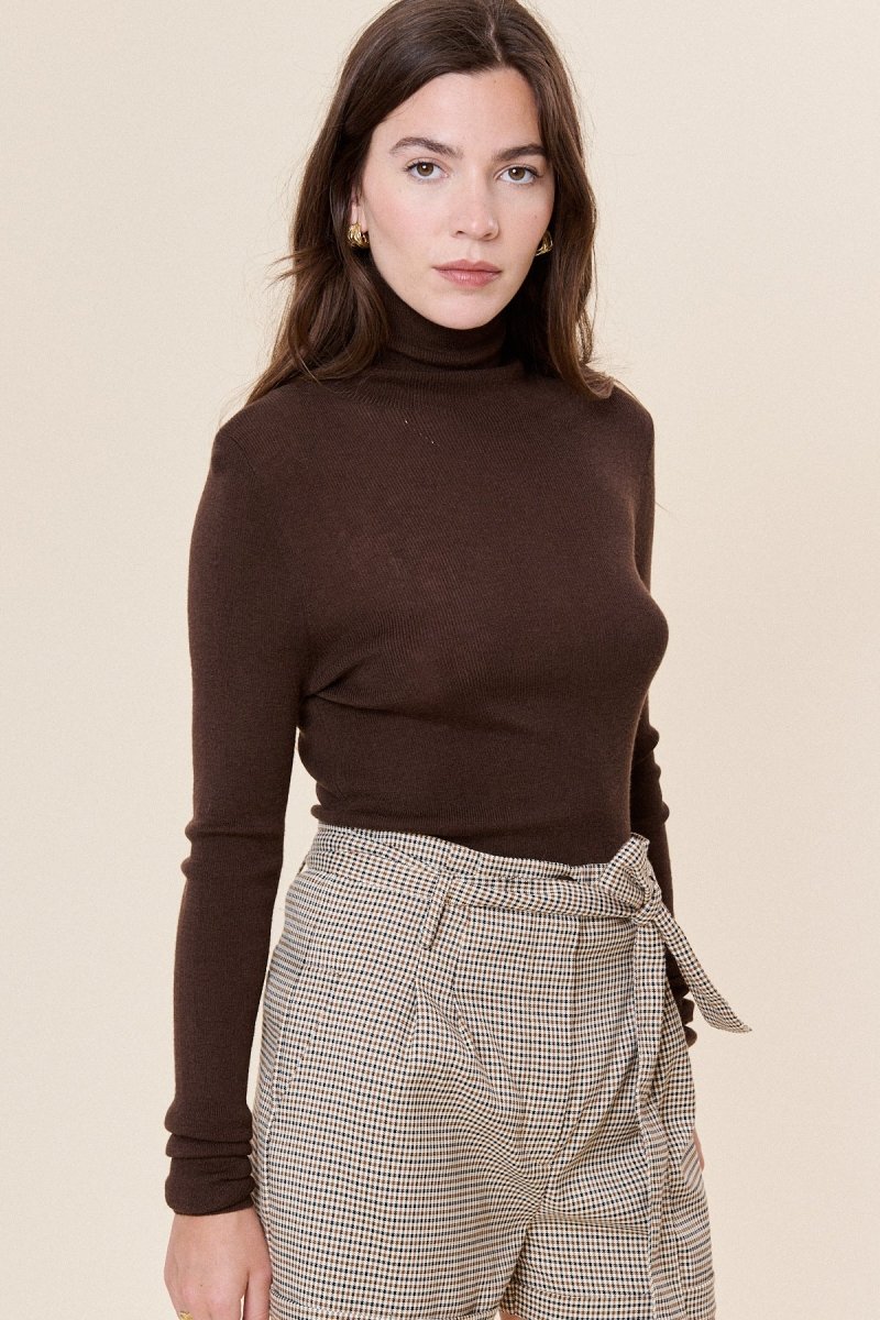 Pull col roulé en cachemire et en laine chocolat - RIVE GAUCHE