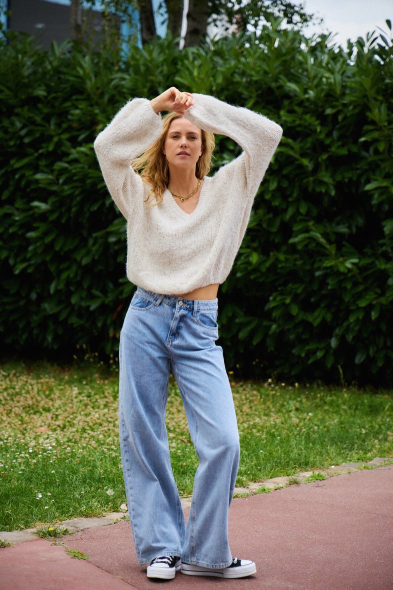 Pull col V blanc en laine mélangée - RIVE GAUCHE