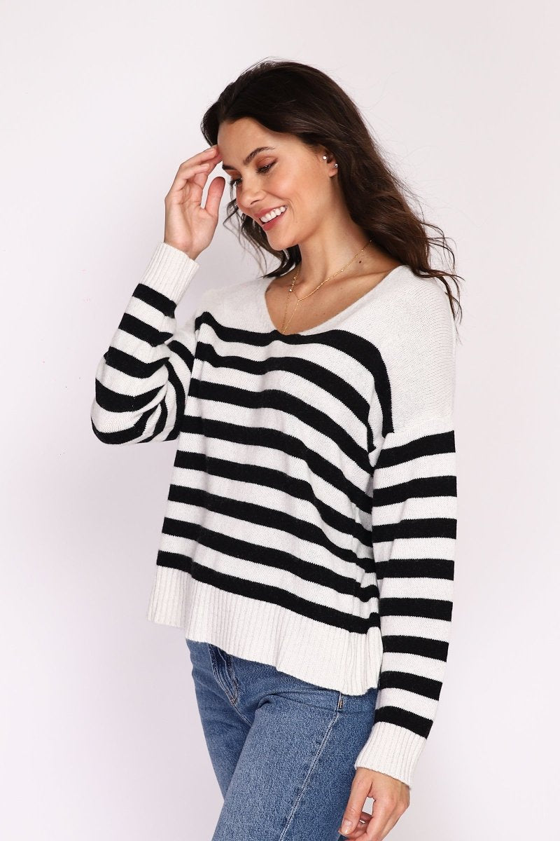 Pull col V rayé en cachemire - RIVE GAUCHE