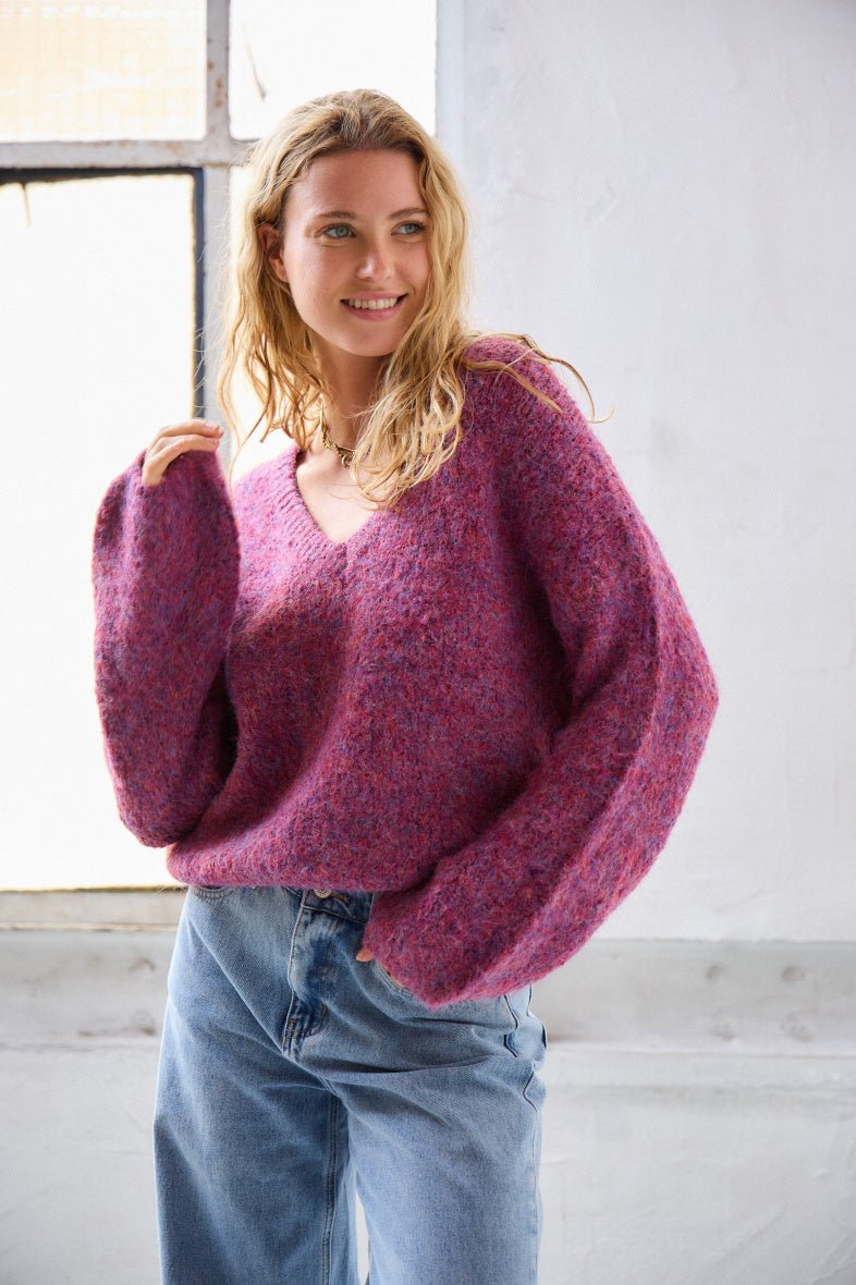 Pull col V rose en laine mélangée - RIVE GAUCHE