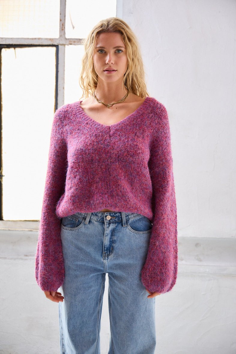 Pull col V rose en laine mélangée - RIVE GAUCHE