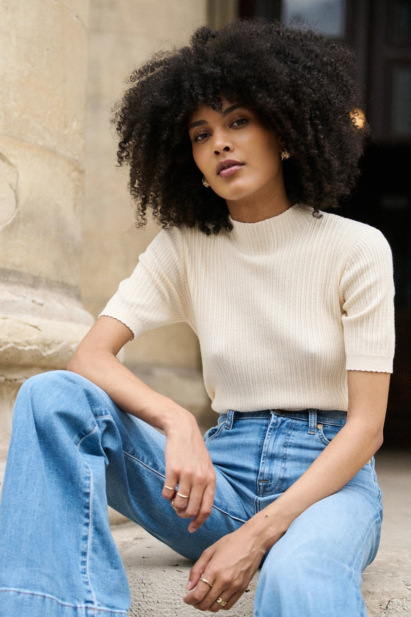 Pull en laine et coton à col montant écru - RIVE GAUCHE