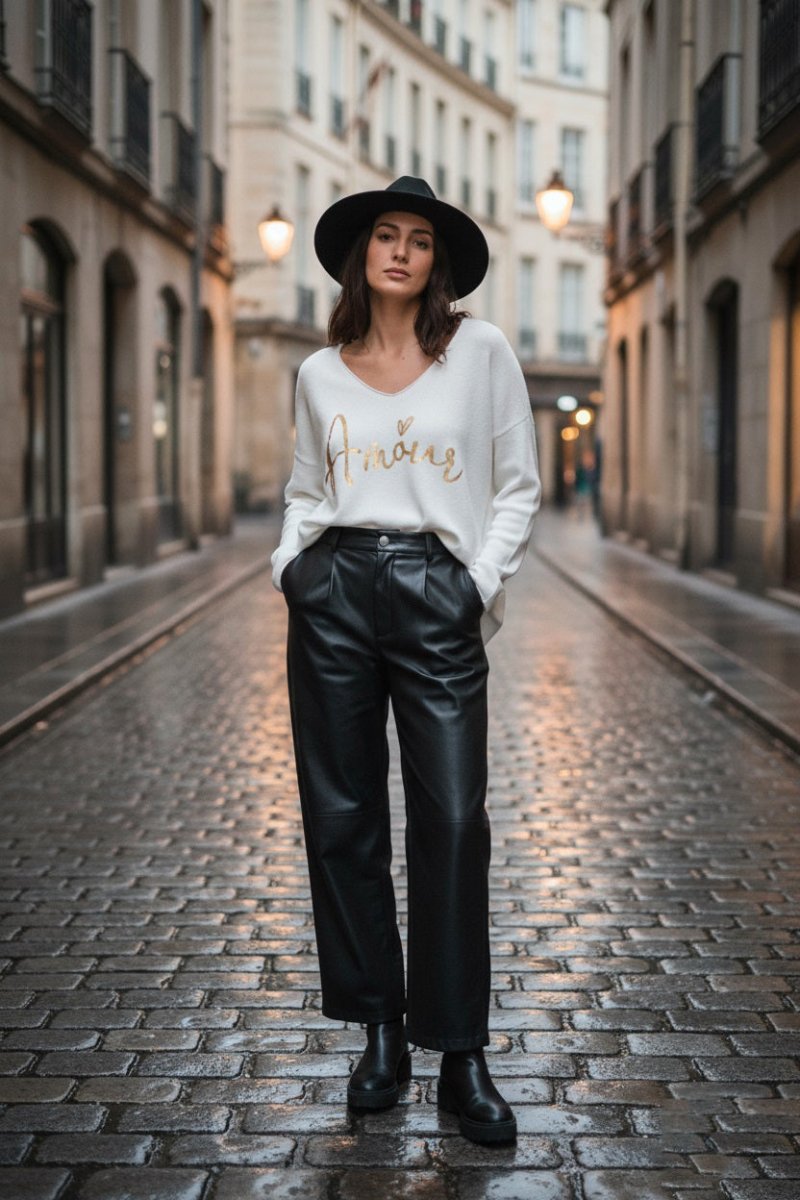 Pull maille uni blanc avec lettrage AMOUR doré - RIVE GAUCHE