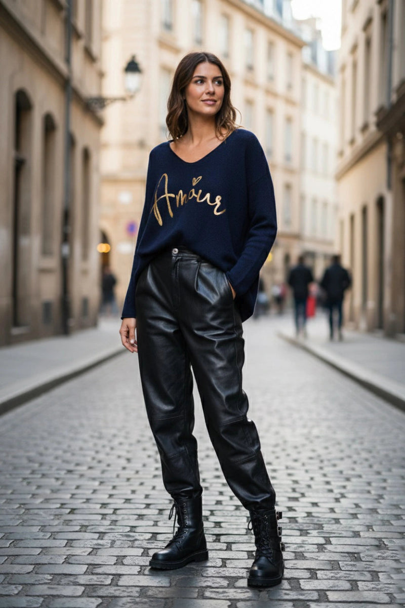 Pull maille uni marine avec lettrage AMOUR doré - RIVE GAUCHE