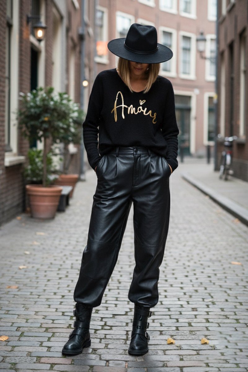 Pull maille uni noir avec lettrage AMOUR doré - RIVE GAUCHE