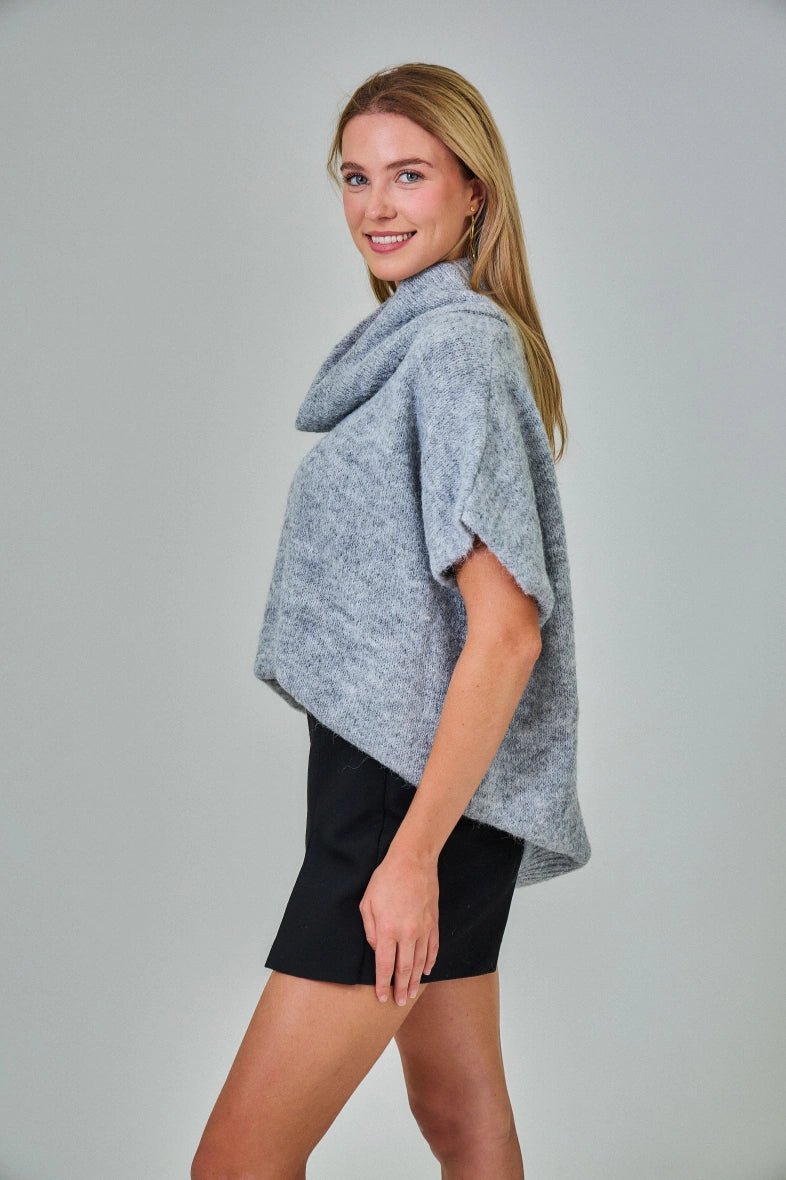 Pull manche courte col roulé en laine mélangée gris clair - RIVE GAUCHE