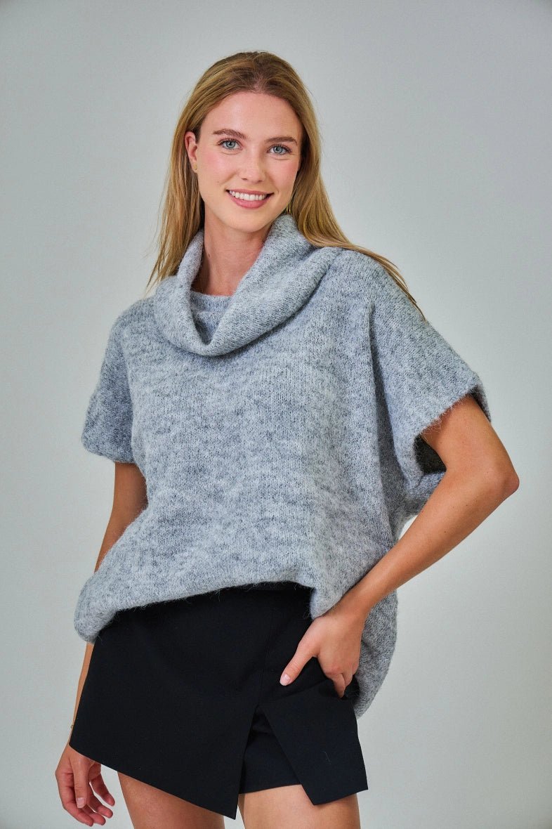 Pull manche courte col roulé en laine mélangée gris clair - RIVE GAUCHE