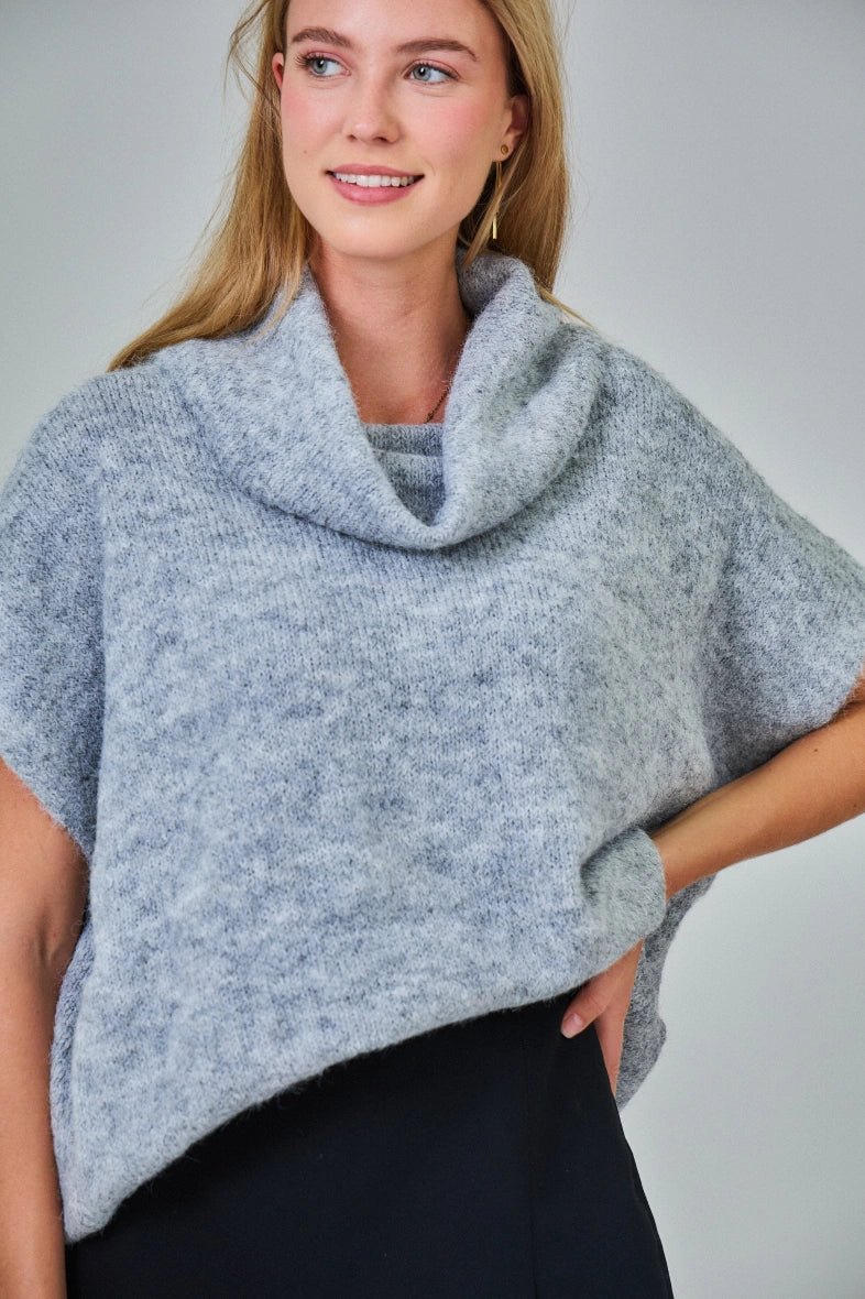 Pull manche courte col roulé en laine mélangée gris clair - RIVE GAUCHE