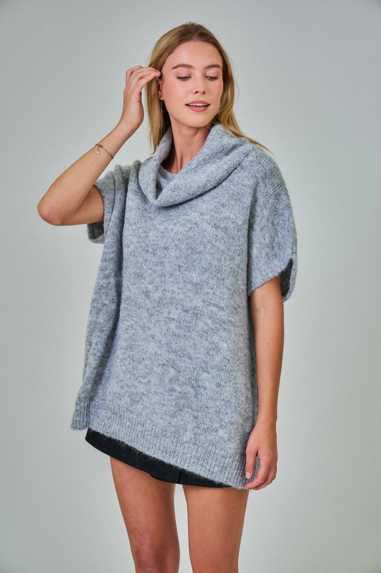 Pull manche courte col roulé en laine mélangée gris clair - RIVE GAUCHE