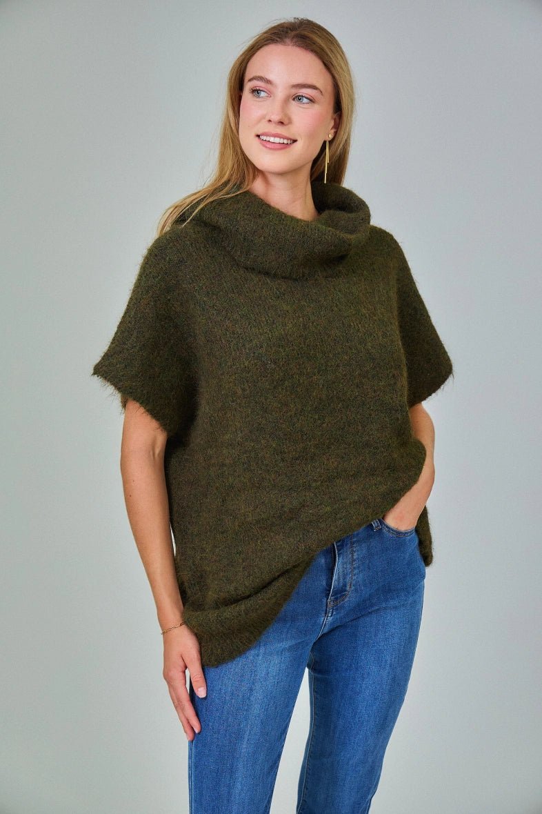 Pull manche courte col roulé en laine mélangée kaki - RIVE GAUCHE