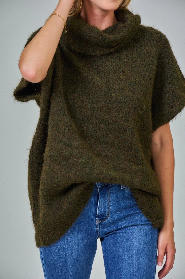 Pull manche courte col roulé en laine mélangée kaki - RIVE GAUCHE