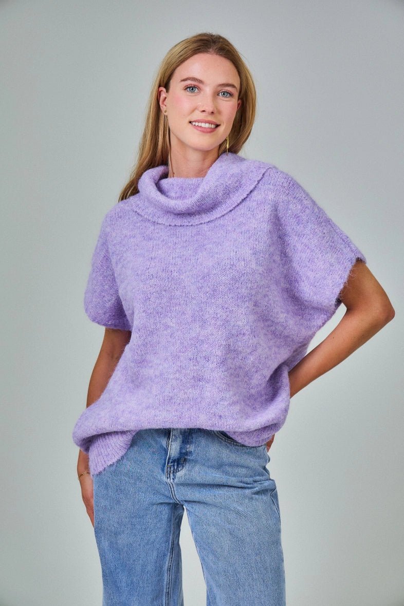 Pull manche courte col roulé en laine mélangée lavande - RIVE GAUCHE