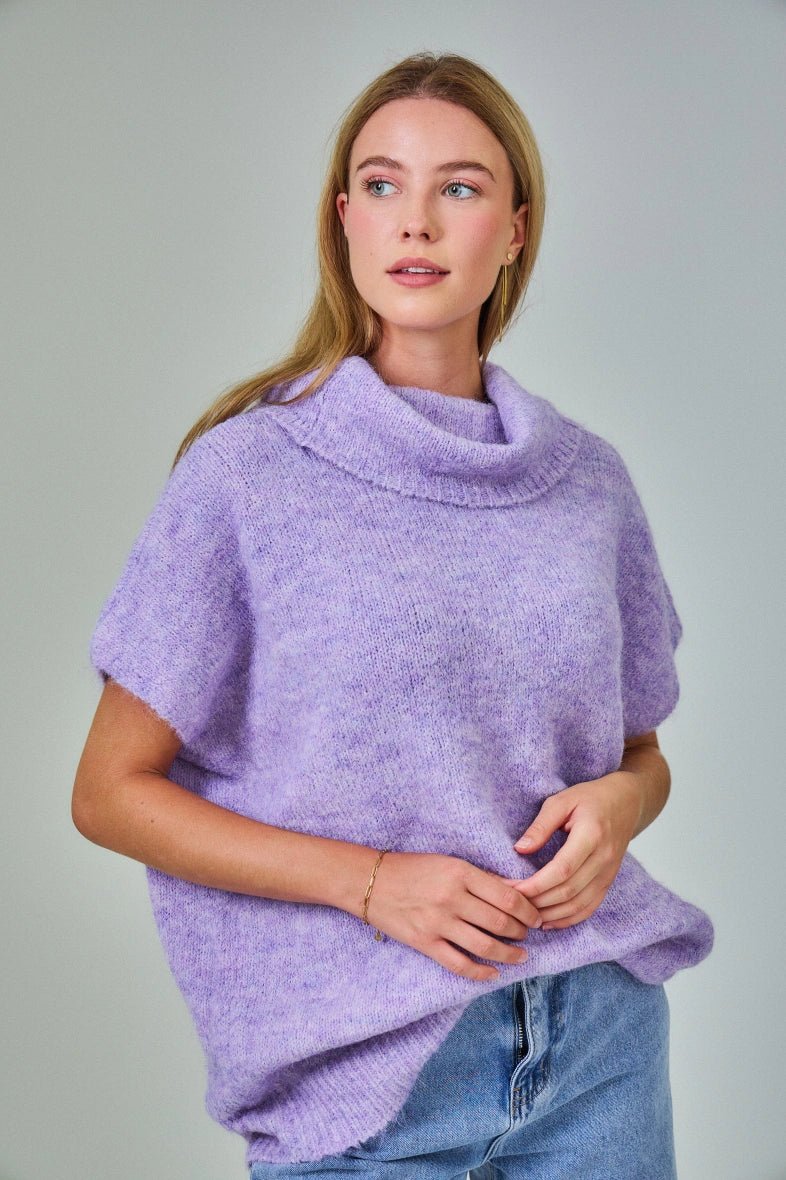 Pull manche courte col roulé en laine mélangée lavande - RIVE GAUCHE