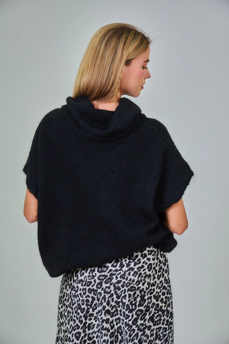 Pull manche courte col roulé en laine mélangée noir - RIVE GAUCHE