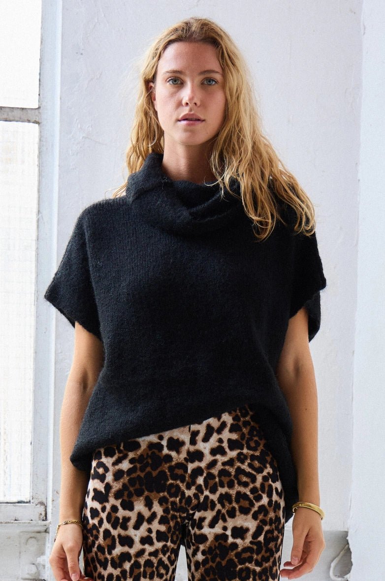 Pull manche courte col roulé en laine mélangée noir - RIVE GAUCHE