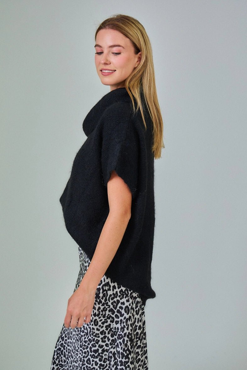 Pull manche courte col roulé en laine mélangée noir - RIVE GAUCHE