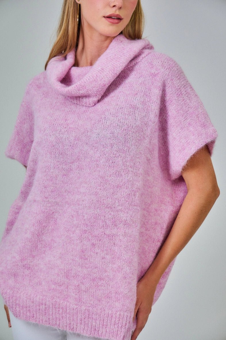 Pull manche courte col roulé en laine mélangée rose - RIVE GAUCHE