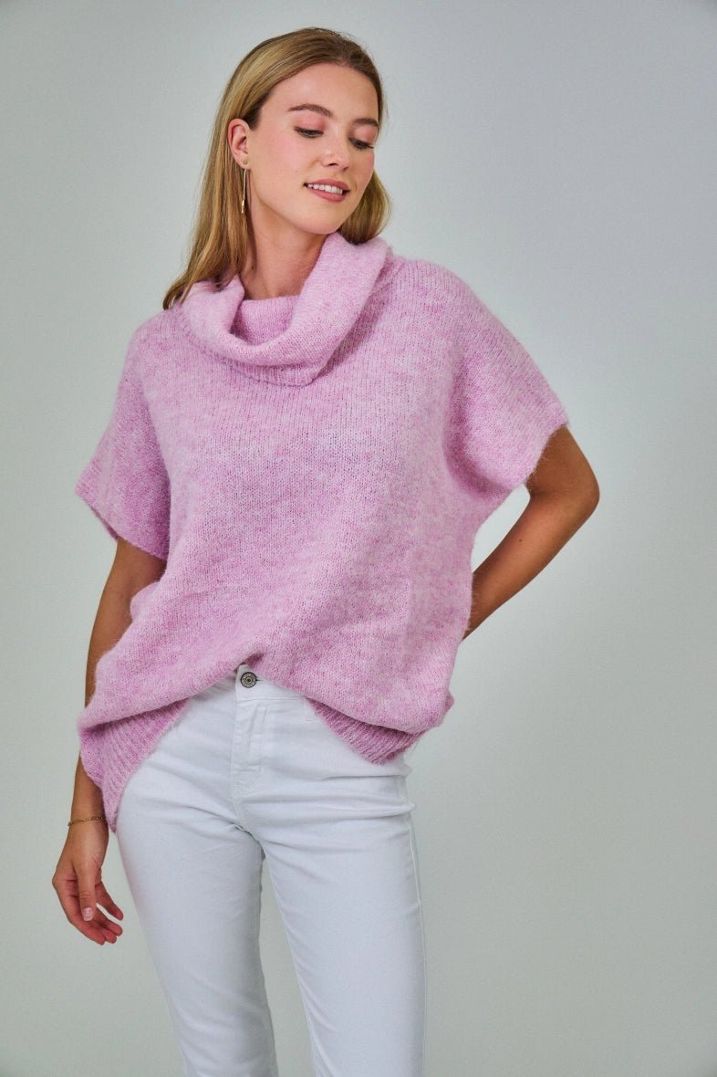 Pull manche courte col roulé en laine mélangée rose - RIVE GAUCHE