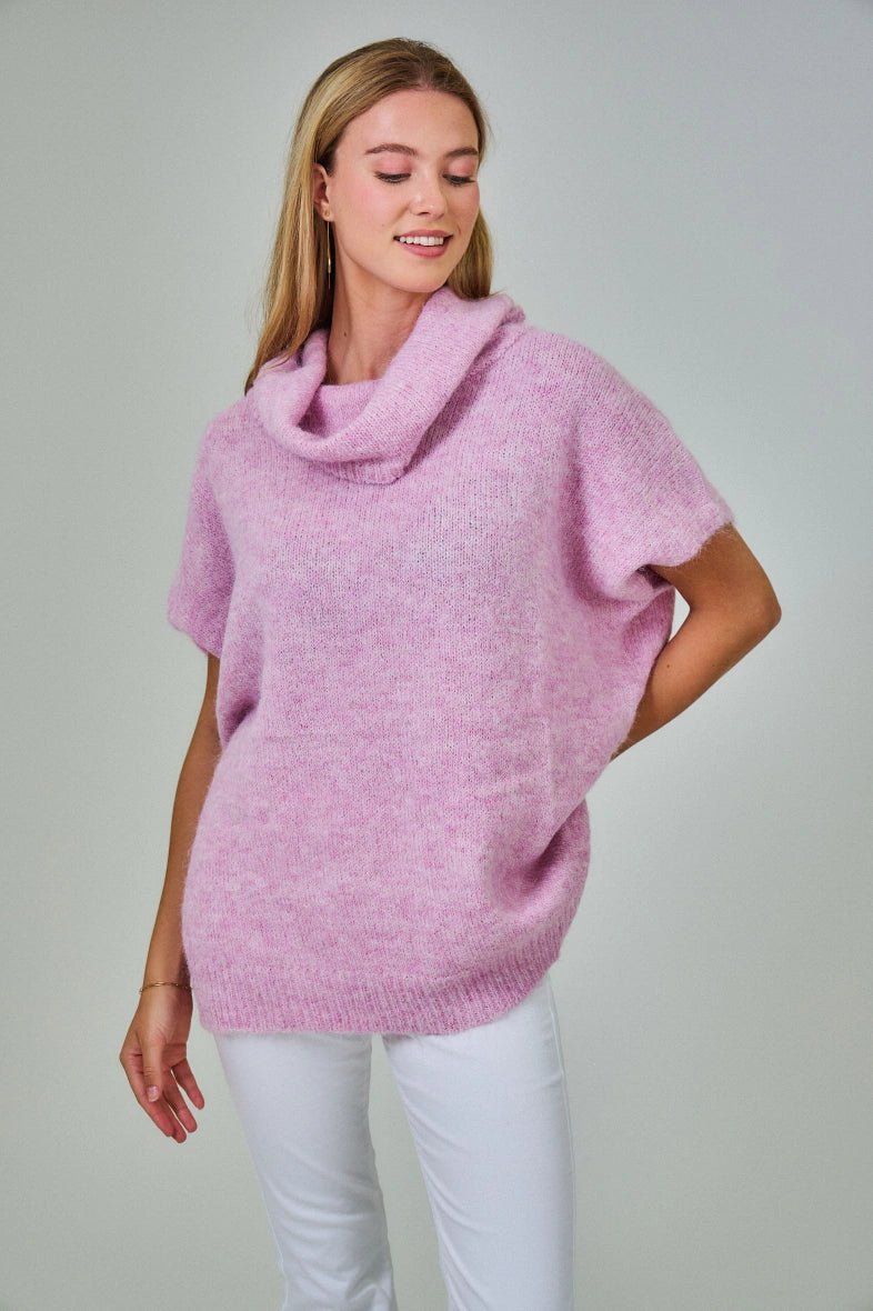 Pull manche courte col roulé en laine mélangée rose - RIVE GAUCHE