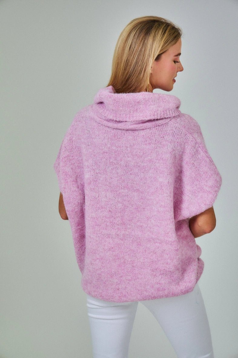 Pull manche courte col roulé en laine mélangée rose - RIVE GAUCHE