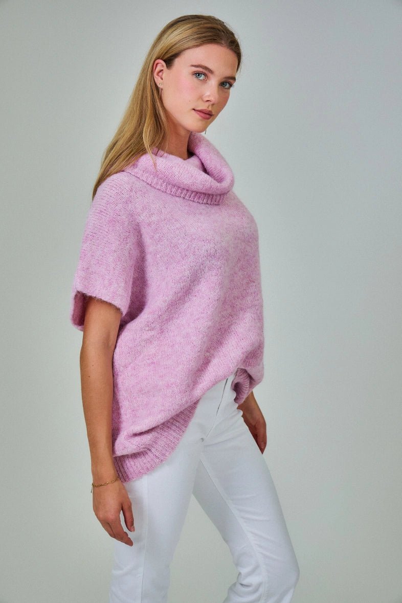 Pull manche courte col roulé en laine mélangée rose - RIVE GAUCHE