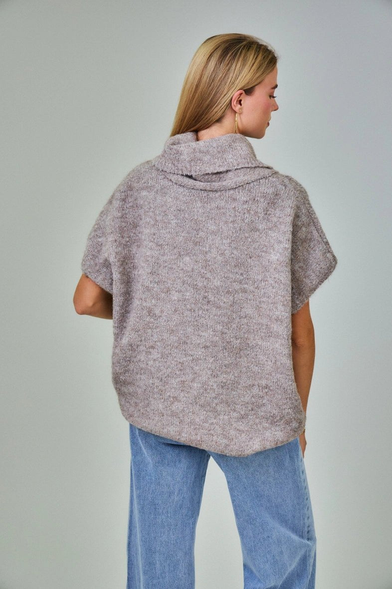 Pull manche courte col roulé en laine mélangée taupe - RIVE GAUCHE