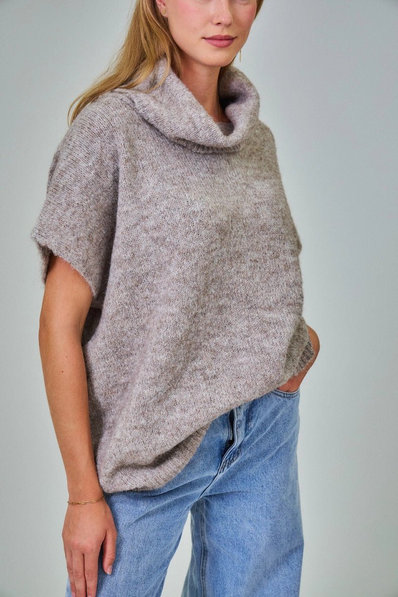 Pull manche courte col roulé en laine mélangée taupe - RIVE GAUCHE