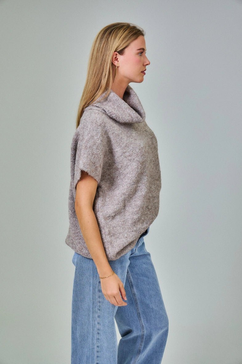 Pull manche courte col roulé en laine mélangée taupe - RIVE GAUCHE